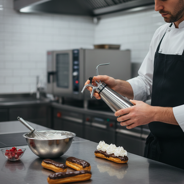 Chef using an N2O cream charger in a professional restaurant kitchen