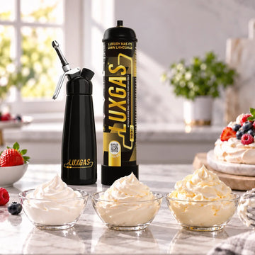 LUXGAS cream dispenser beside heavy cream, whipping cream and double cream for professional kitchen use