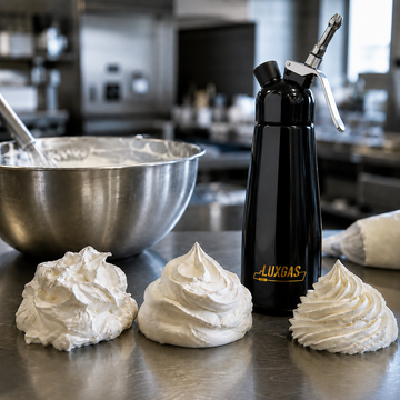 Regular and stabilized whipped cream preparations showing different levels of structure in a professional pastry kitchen
