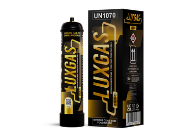 LUXGAS food-grade nitrous oxide cylinder and packaging illustrating UN1070 transport classification for professional B2B supply.