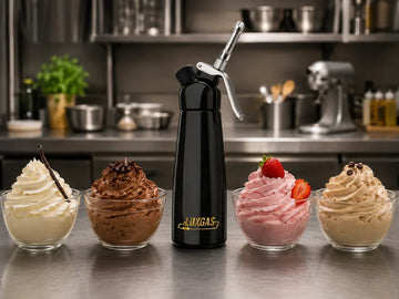 Professional whipped cream dispenser with vanilla, chocolate, strawberry and coffee whipped cream recipes in a café kitchen.