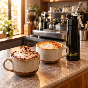 A chocolate mocha topped with luxgas whipped cream beside a gingerbread latte in a café